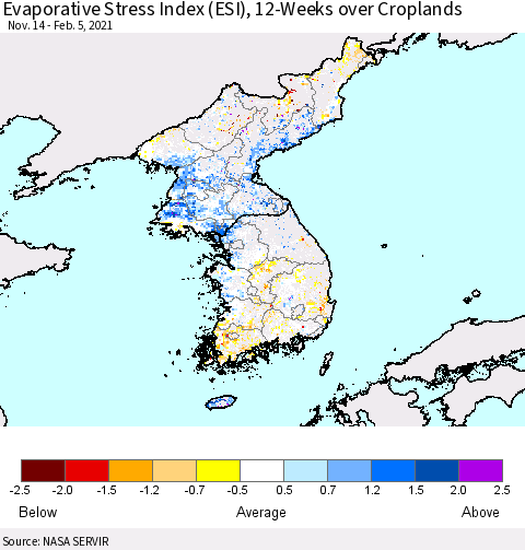 Korea Evaporative Stress Index (ESI), 12-Weeks over Croplands Thematic Map For 2/1/2021 - 2/7/2021