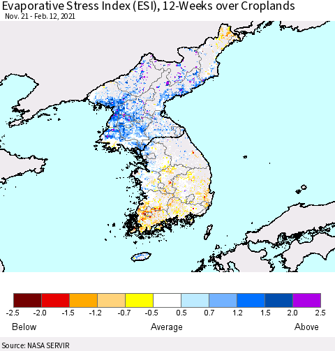 Korea Evaporative Stress Index (ESI), 12-Weeks over Croplands Thematic Map For 2/8/2021 - 2/14/2021