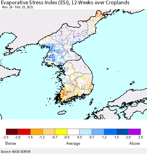 Korea Evaporative Stress Index (ESI), 12-Weeks over Croplands Thematic Map For 2/15/2021 - 2/21/2021