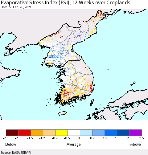 Korea Evaporative Stress Index (ESI), 12-Weeks over Croplands Thematic Map For 2/22/2021 - 2/28/2021