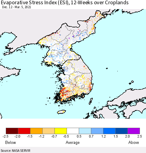 Korea Evaporative Stress Index (ESI), 12-Weeks over Croplands Thematic Map For 3/1/2021 - 3/7/2021