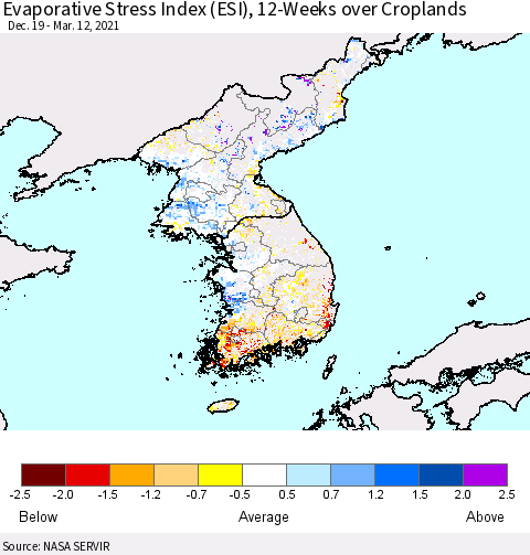 Korea Evaporative Stress Index (ESI), 12-Weeks over Croplands Thematic Map For 3/8/2021 - 3/14/2021