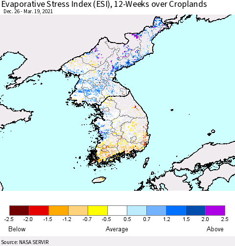 Korea Evaporative Stress Index (ESI), 12-Weeks over Croplands Thematic Map For 3/15/2021 - 3/21/2021
