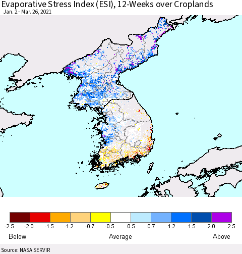 Korea Evaporative Stress Index (ESI), 12-Weeks over Croplands Thematic Map For 3/22/2021 - 3/28/2021