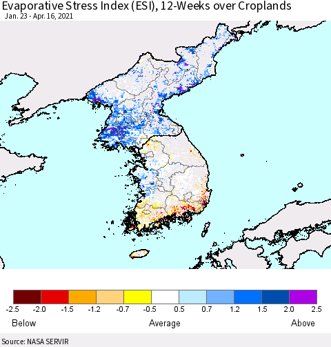 Korea Evaporative Stress Index (ESI), 12-Weeks over Croplands Thematic Map For 4/12/2021 - 4/18/2021