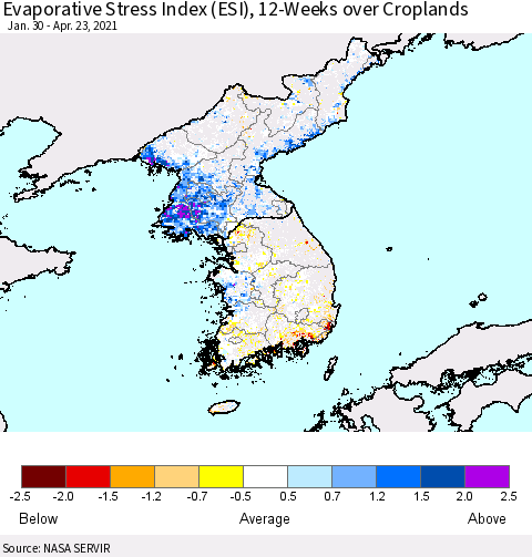 Korea Evaporative Stress Index (ESI), 12-Weeks over Croplands Thematic Map For 4/19/2021 - 4/25/2021