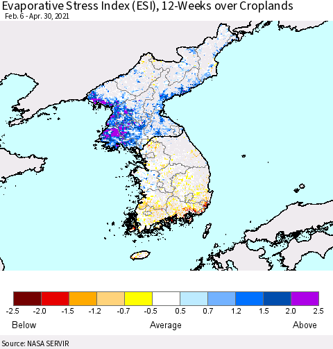 Korea Evaporative Stress Index (ESI), 12-Weeks over Croplands Thematic Map For 4/26/2021 - 5/2/2021