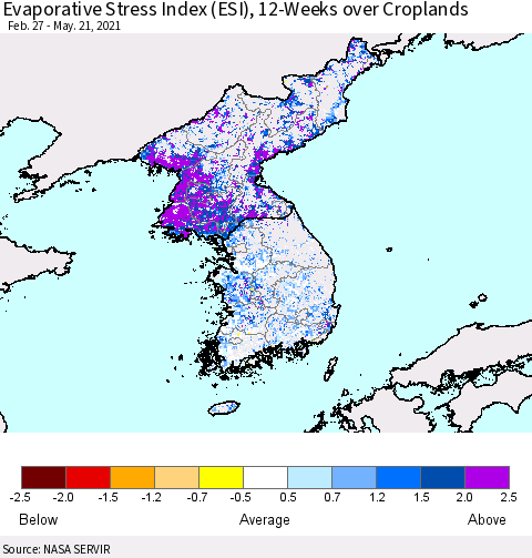 Korea Evaporative Stress Index (ESI), 12-Weeks over Croplands Thematic Map For 5/17/2021 - 5/23/2021