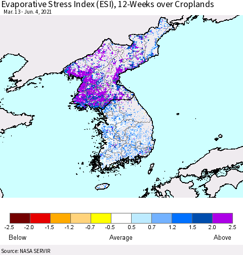 Korea Evaporative Stress Index (ESI), 12-Weeks over Croplands Thematic Map For 5/31/2021 - 6/6/2021