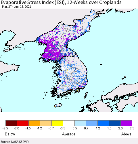 Korea Evaporative Stress Index (ESI), 12-Weeks over Croplands Thematic Map For 6/14/2021 - 6/20/2021