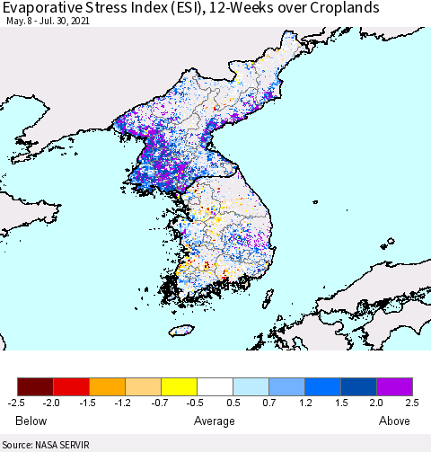Korea Evaporative Stress Index (ESI), 12-Weeks over Croplands Thematic Map For 7/26/2021 - 8/1/2021