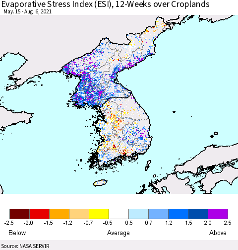 Korea Evaporative Stress Index (ESI), 12-Weeks over Croplands Thematic Map For 8/2/2021 - 8/8/2021
