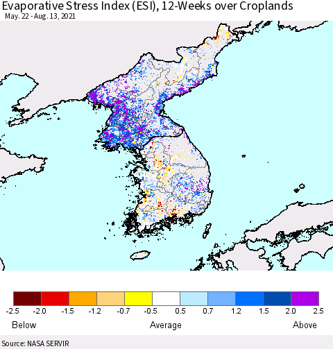Korea Evaporative Stress Index (ESI), 12-Weeks over Croplands Thematic Map For 8/9/2021 - 8/15/2021