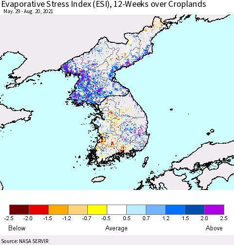 Korea Evaporative Stress Index (ESI), 12-Weeks over Croplands Thematic Map For 8/16/2021 - 8/22/2021