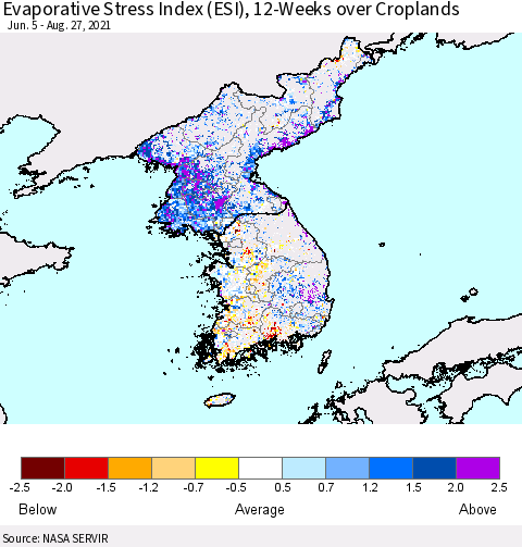Korea Evaporative Stress Index (ESI), 12-Weeks over Croplands Thematic Map For 8/23/2021 - 8/29/2021