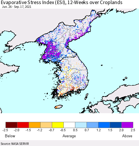 Korea Evaporative Stress Index (ESI), 12-Weeks over Croplands Thematic Map For 9/13/2021 - 9/19/2021