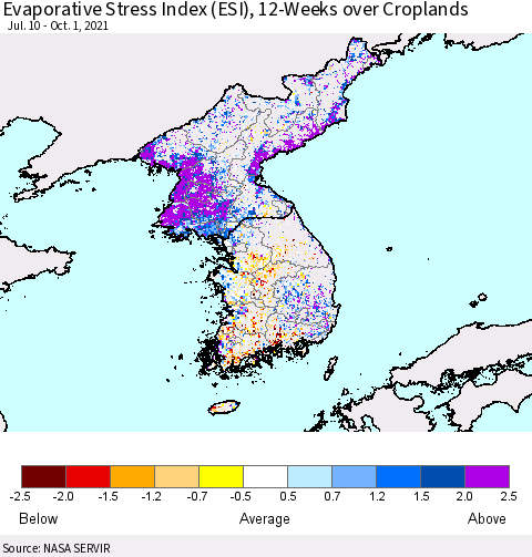 Korea Evaporative Stress Index (ESI), 12-Weeks over Croplands Thematic Map For 9/27/2021 - 10/3/2021