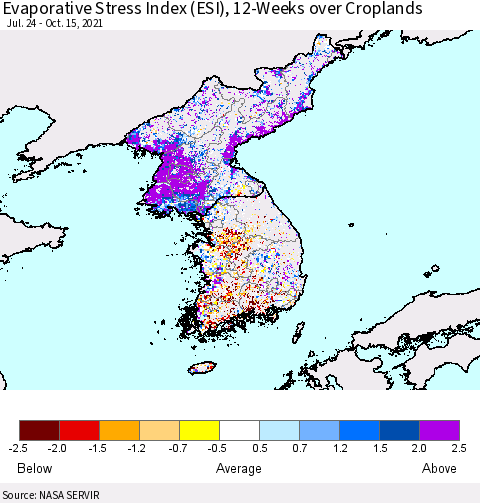 Korea Evaporative Stress Index (ESI), 12-Weeks over Croplands Thematic Map For 10/11/2021 - 10/17/2021