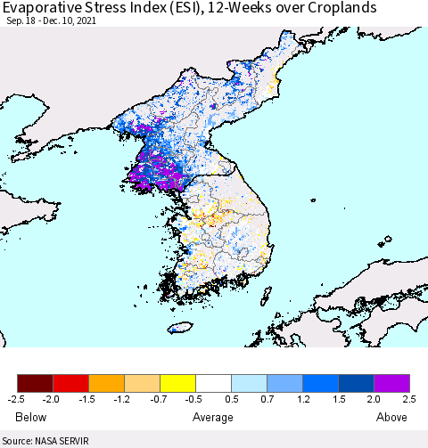 Korea Evaporative Stress Index (ESI), 12-Weeks over Croplands Thematic Map For 12/6/2021 - 12/12/2021