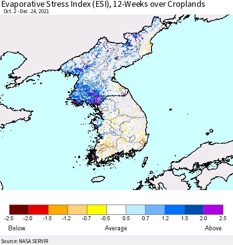 Korea Evaporative Stress Index (ESI), 12-Weeks over Croplands Thematic Map For 12/20/2021 - 12/26/2021