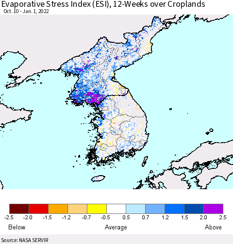Korea Evaporative Stress Index (ESI), 12-Weeks over Croplands Thematic Map For 12/27/2021 - 1/2/2022