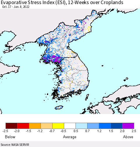 Korea Evaporative Stress Index (ESI), 12-Weeks over Croplands Thematic Map For 1/3/2022 - 1/9/2022