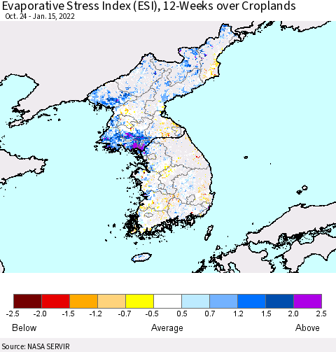 Korea Evaporative Stress Index (ESI), 12-Weeks over Croplands Thematic Map For 1/10/2022 - 1/16/2022