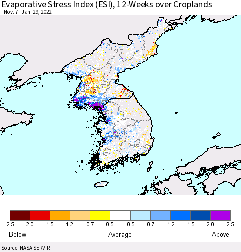Korea Evaporative Stress Index (ESI), 12-Weeks over Croplands Thematic Map For 1/24/2022 - 1/30/2022