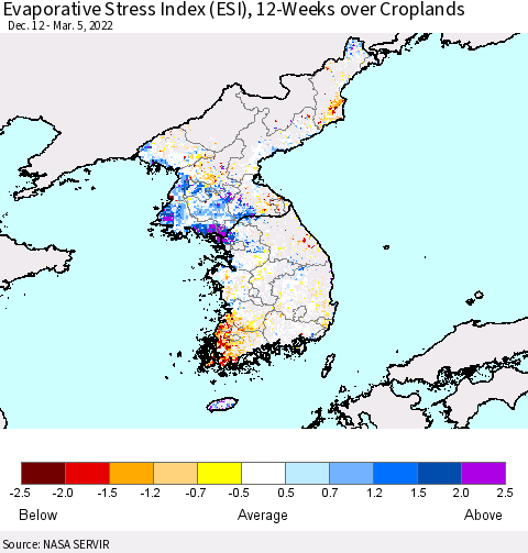 Korea Evaporative Stress Index (ESI), 12-Weeks over Croplands Thematic Map For 2/28/2022 - 3/6/2022