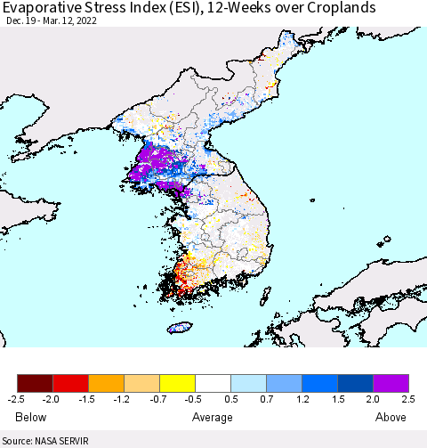 Korea Evaporative Stress Index (ESI), 12-Weeks over Croplands Thematic Map For 3/7/2022 - 3/13/2022