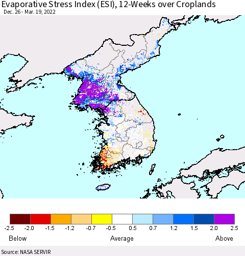 Korea Evaporative Stress Index (ESI), 12-Weeks over Croplands Thematic Map For 3/14/2022 - 3/20/2022