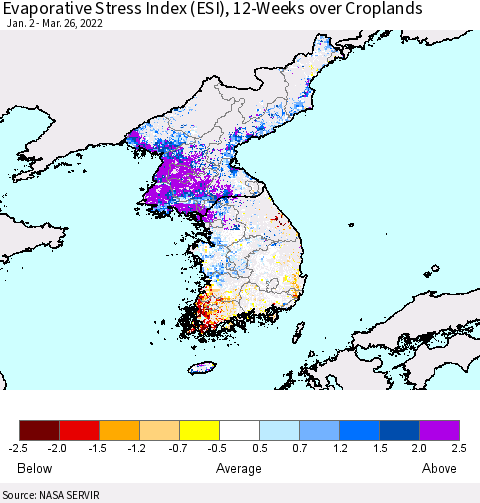 Korea Evaporative Stress Index (ESI), 12-Weeks over Croplands Thematic Map For 3/21/2022 - 3/27/2022