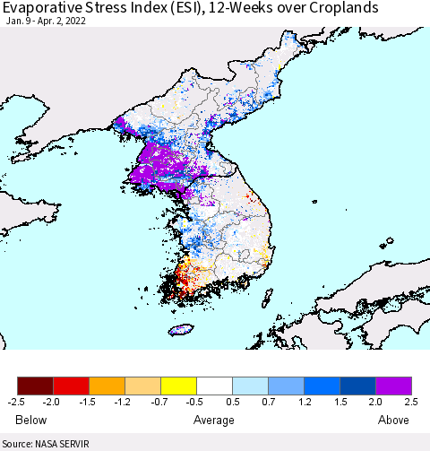 Korea Evaporative Stress Index (ESI), 12-Weeks over Croplands Thematic Map For 3/28/2022 - 4/3/2022