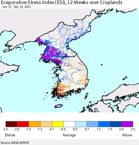 Korea Evaporative Stress Index (ESI), 12-Weeks over Croplands Thematic Map For 4/11/2022 - 4/17/2022