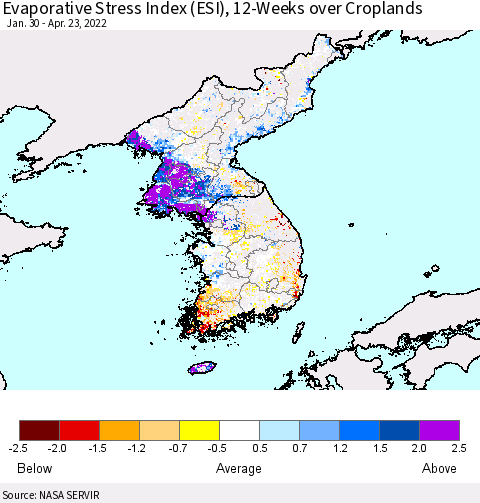 Korea Evaporative Stress Index (ESI), 12-Weeks over Croplands Thematic Map For 4/18/2022 - 4/24/2022