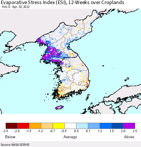 Korea Evaporative Stress Index (ESI), 12-Weeks over Croplands Thematic Map For 4/25/2022 - 5/1/2022