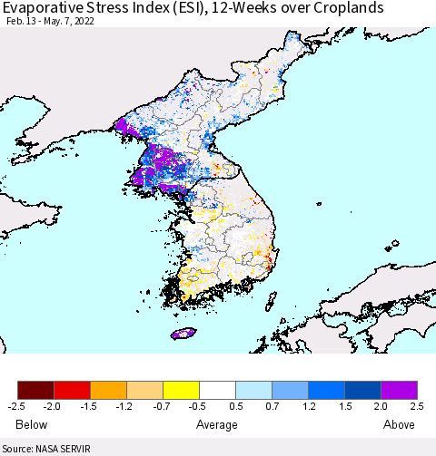 Korea Evaporative Stress Index (ESI), 12-Weeks over Croplands Thematic Map For 5/2/2022 - 5/8/2022