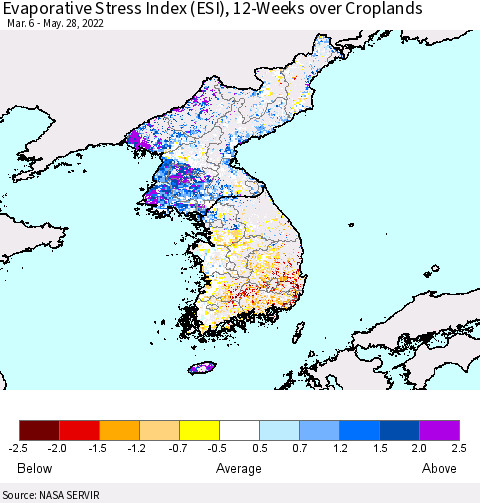 Korea Evaporative Stress Index (ESI), 12-Weeks over Croplands Thematic Map For 5/23/2022 - 5/29/2022