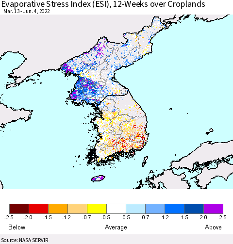 Korea Evaporative Stress Index (ESI), 12-Weeks over Croplands Thematic Map For 5/30/2022 - 6/5/2022