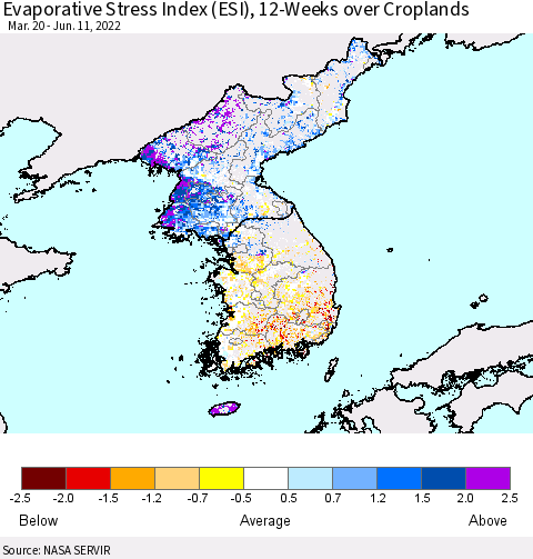 Korea Evaporative Stress Index (ESI), 12-Weeks over Croplands Thematic Map For 6/6/2022 - 6/12/2022