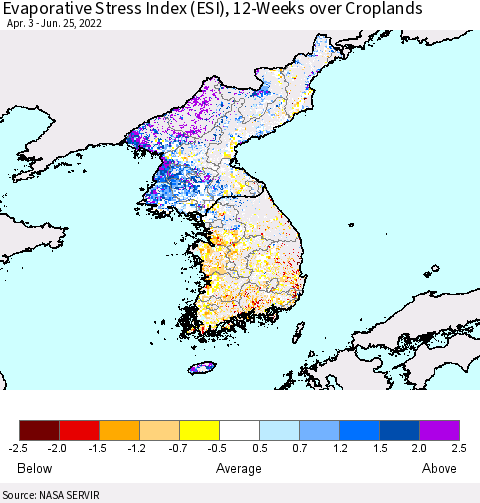 Korea Evaporative Stress Index (ESI), 12-Weeks over Croplands Thematic Map For 6/20/2022 - 6/26/2022