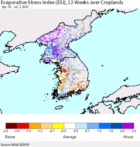 Korea Evaporative Stress Index (ESI), 12-Weeks over Croplands Thematic Map For 6/27/2022 - 7/3/2022