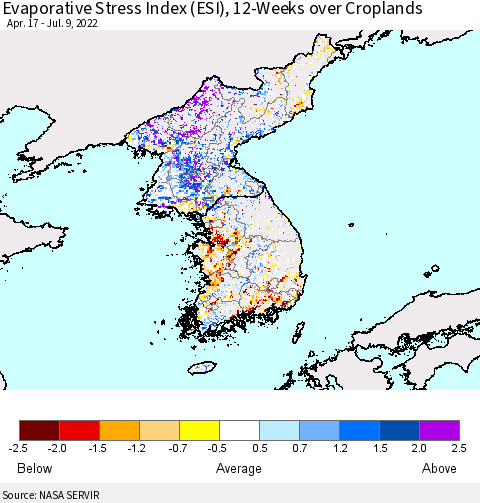 Korea Evaporative Stress Index (ESI), 12-Weeks over Croplands Thematic Map For 7/4/2022 - 7/10/2022