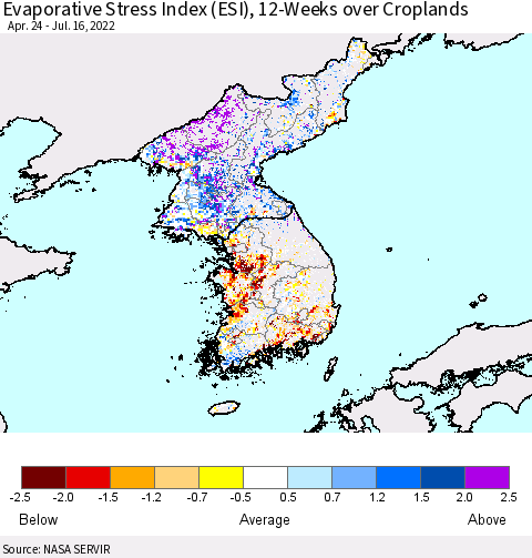 Korea Evaporative Stress Index (ESI), 12-Weeks over Croplands Thematic Map For 7/11/2022 - 7/17/2022