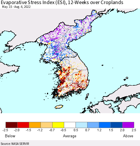 Korea Evaporative Stress Index (ESI), 12-Weeks over Croplands Thematic Map For 8/1/2022 - 8/7/2022
