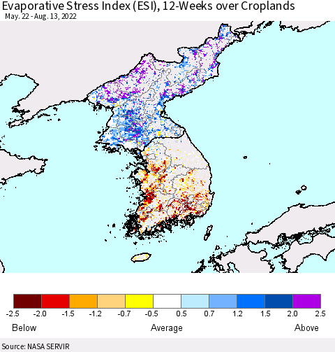Korea Evaporative Stress Index (ESI), 12-Weeks over Croplands Thematic Map For 8/8/2022 - 8/14/2022