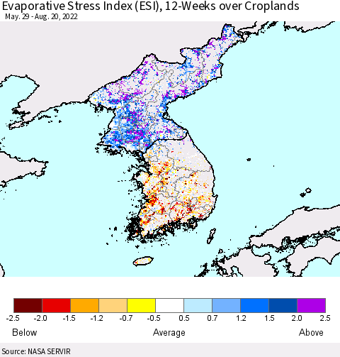Korea Evaporative Stress Index (ESI), 12-Weeks over Croplands Thematic Map For 8/15/2022 - 8/21/2022