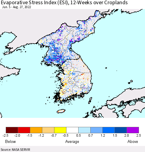 Korea Evaporative Stress Index (ESI), 12-Weeks over Croplands Thematic Map For 8/22/2022 - 8/28/2022