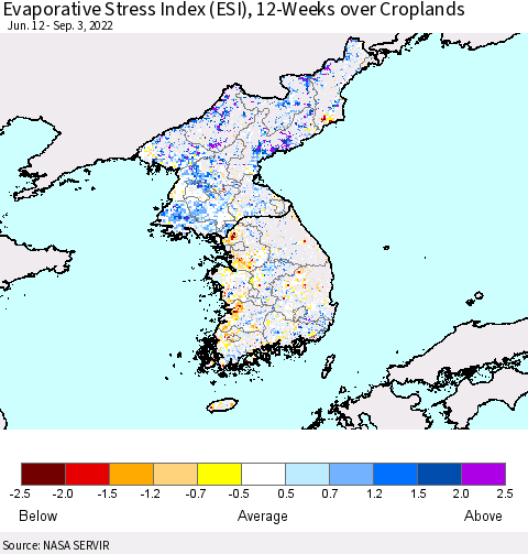 Korea Evaporative Stress Index (ESI), 12-Weeks over Croplands Thematic Map For 8/29/2022 - 9/4/2022