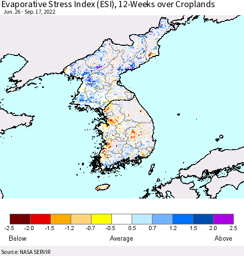 Korea Evaporative Stress Index (ESI), 12-Weeks over Croplands Thematic Map For 9/12/2022 - 9/18/2022